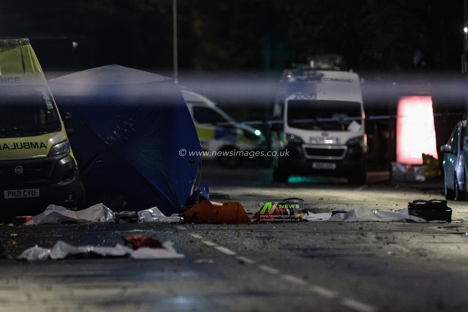 Forensic tents are still in place and emergency kit strewn across the road during the Manchester synagogue terror attack day 2 at Heaton Park Shul, Manchester, United Kingdom, 3rd October 2025

(Photo by Mark Cosgrove/News Images)