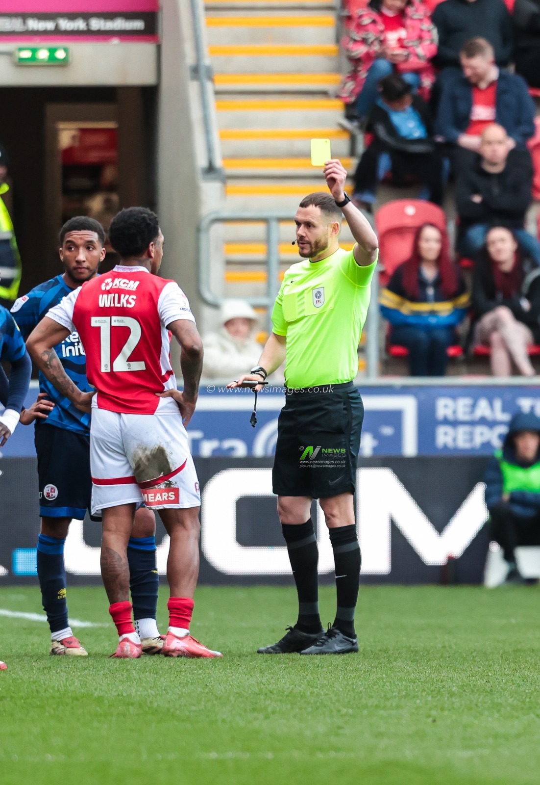 Mallik Wilks of Rotherham United is given yellow card by Referee Leigh Doughty during the Sky Bet League 1 match Rotherham United vs Crawley Town at New York Stadium, Rotherham, United Kingdom, 29th March 2025

(Photo by Richard Bierton/News Images)