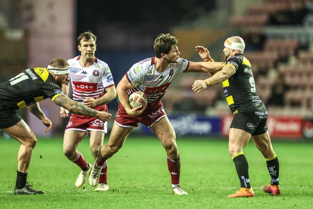 Ethan Havard of Wigan Warriors is tackled by Paul McShane of York Knights during the Betfred Super League round 5 match Wigan Warriors vs York Knights at The Brick Community Stadium, Wigan, United Kingdom on 19 March 2026

(Photo by Alfie Cosgrove/News Images)
