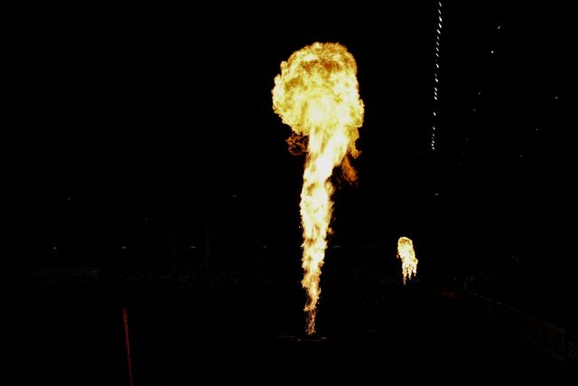 The pre-game firework and pyrotechnic display during the Betfred Super League round 27 match Wigan Warriors vs Leeds Rhinos at The Brick Community Stadium, Wigan, United Kingdom, 19th September 2025

(Photo by Alfie Cosgrove/News Images)