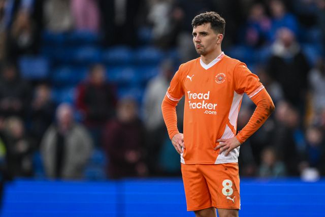 Albie Morgan of Blackpool is dejected at the final whistle in the Sky Bet League 1 match Stockport County vs Blackpool at Edgeley Park Stadium, Stockport, United Kingdom, 1st March 2025

(Photo by Craig Thomas/News Images)