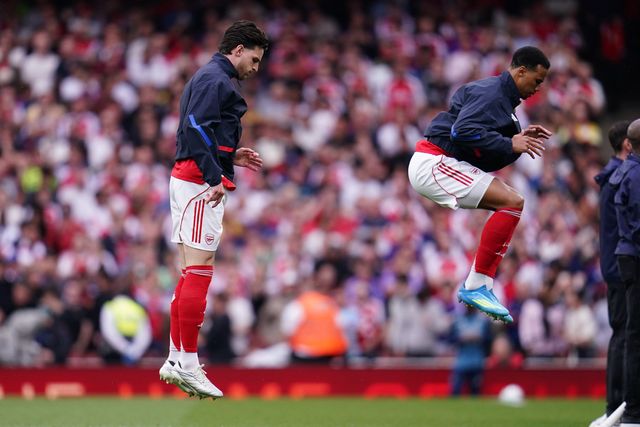 Declan Rice of Arsenal and Gabriel of Arsenal ahead of kick off during the Premier League match Arsenal vs Fulham at Emirates, London, United Kingdom on 02 May 2026

(Photo by Harvey Murphy/News Images)