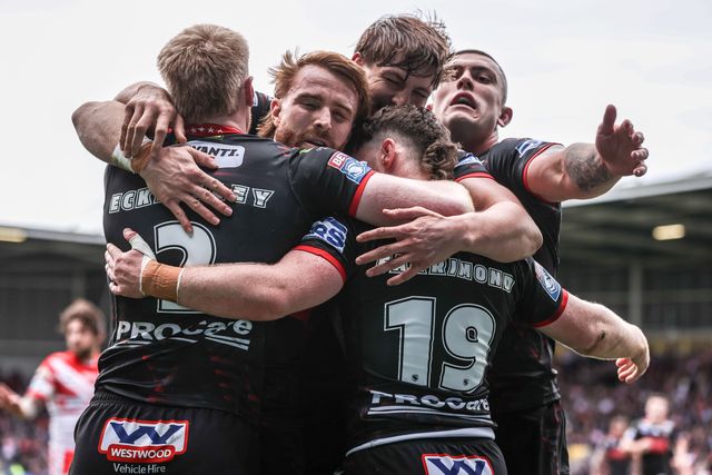 Jack Farrimond of Wigan Warriors celebrates his try during the Betfred Super League round 7 match St Helens vs Wigan Warriors at The BrewDog Stadium, St Helens, United Kingdom on 03 April 2026

(Photo by Alfie Cosgrove/News Images)