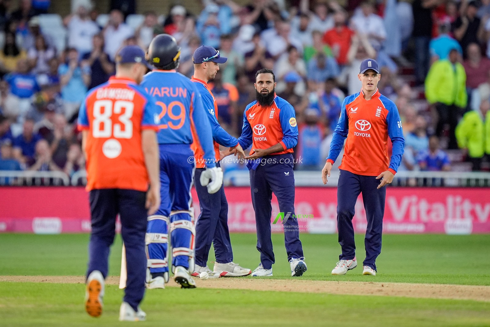 Ali Rashid of England celebrates taking the final wicket to win the game during the Third Vitality T20 International match England vs India at Trent Bridge, Nottingham, United Kingdom on 07 July 2026

(Photo by Maynard Manyowa/News Images)