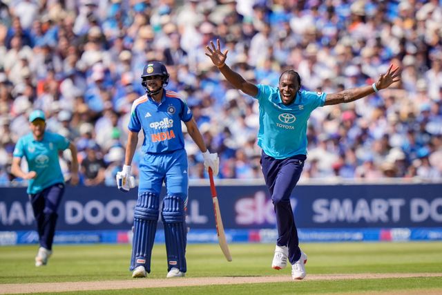 Jofra Archer of England celebrates taking the wicket of Virat Kohli of India during the 1st Metro Bank ODI match England vs India at Edgbaston, Birmingham, United Kingdom on 14 July 2026

(Photo by Maynard Manyowa/News Images)