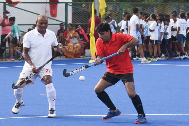 Indian veteran hockey players play at a match ahead the celebrate World Olympic Day in Howrah, West Bengal ,India on June 22,2025.Photo by Debajyoti Chakraborty. World Olympic Day celebrates every year June 23.(Photo: Debajyoti Chakraborty/News Images)