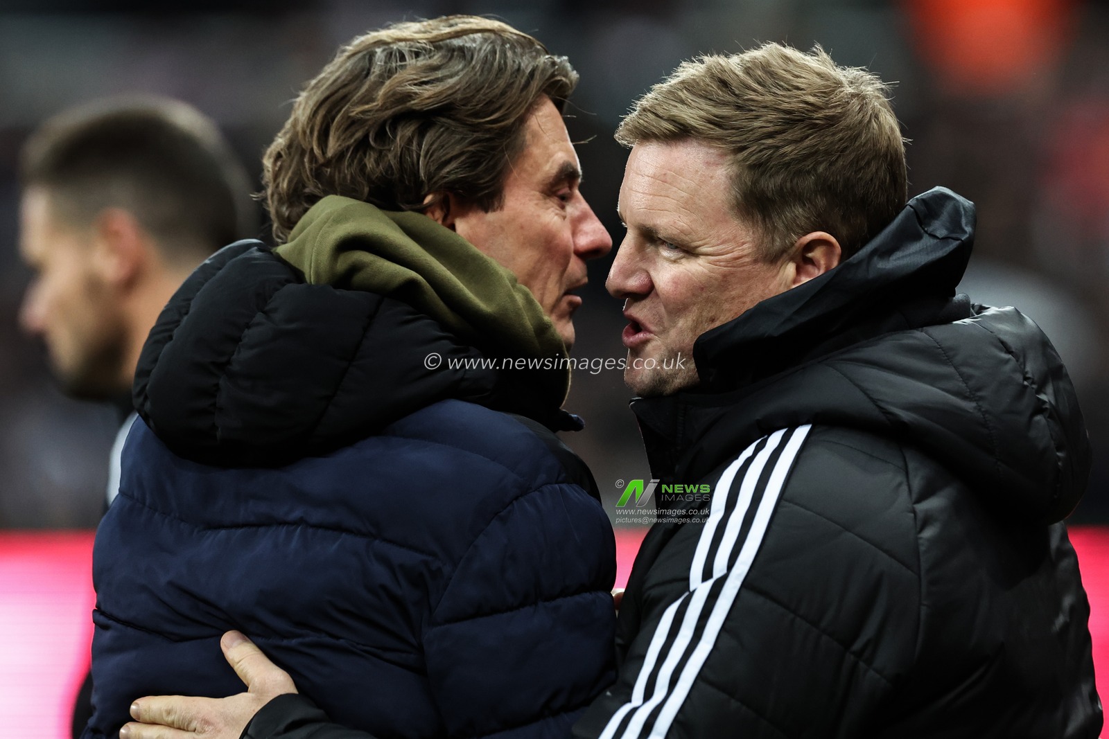 Thomas Frank manager of Brentford and Eddie Howe manager of Newcastle United shake hands during the Carabao Cup Quarter Final Newcastle United vs Brentford at St. James's Park, Newcastle, United Kingdom, 18th December 2024

(Photo by Mark Cosgrove/News Images)