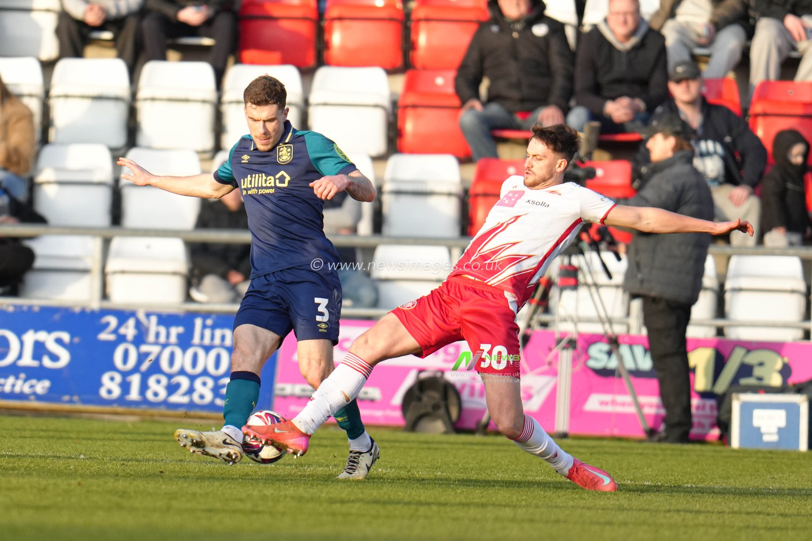 Jake Young of Stevenage intercepts an attempted pass from Josh Ruffels of Huddersfield Town during the Sky Bet League 1 match Stevenage vs Huddersfield Town at Lamex Stadium, Stevenage, United Kingdom, 1st March 2025

(Photo by Harvey Murphy/News Images)