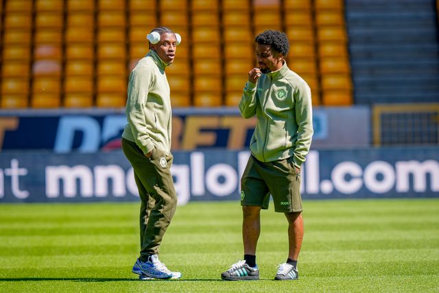 Angel Gomes of Wolverhampton Wanderers and Jean-Ricner Bellegarde of Wolverhampton Wanderers inspects the pitch prior to kick off during the Premier League match Wolverhampton Wanderers vs Tottenham Hotspur at Molineux, Wolverhampton, United Kingdom on 25 April 2026

(Photo by Maynard Manyowa/News Images)
