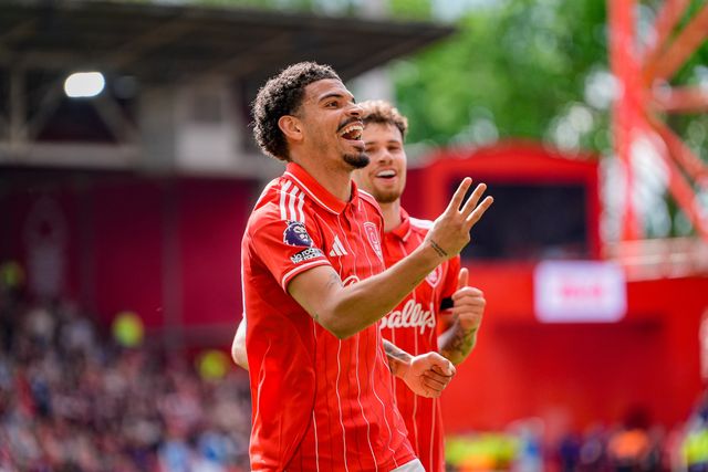 Morgan Gibbs-White of Nottingham Forest celebrates his hat-rick goal to make it  3-0 during the Premier League match Nottingham Forest vs Burnley at City Ground, Nottingham, United Kingdom on 19 April 2026

(Photo by Maynard Manyowa/News Images)