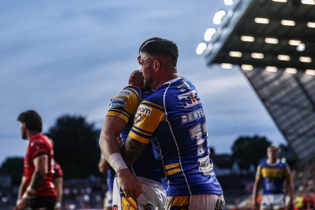 Harry Newman of Leeds Rhinos celebrates his try during the Betfred Super League round 19 match Leeds Rhinos vs Salford Red Devils at Headingley Stadium, Leeds, United Kingdom, 18th July 2025

(Photo by Alfie Cosgrove/News Images)