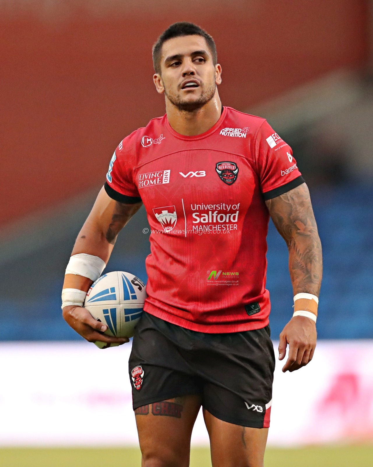 Jayden Nikorima of Salford Red Devils during the Betfred Super League round 17 match Salford Red Devils vs Warrington Wolves at Salford Community Stadium, Eccles, United Kingdom, 4th July 2025(Photo by Sam Eaden/News Images)