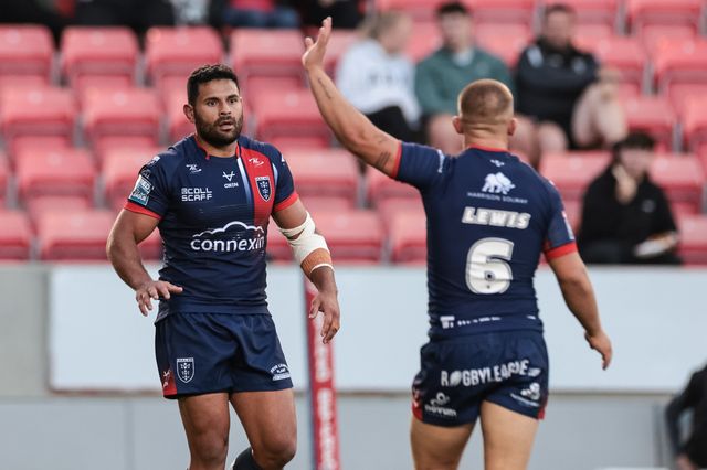 Rhyse Martin of Hull KR celebrates his try during the Betfred Super League Round 20 Salford Red Devils vs Hull KR at Salford Community Stadium, Eccles, United Kingdom, 31st July 2025

(Photo by Mark Cosgrove/News Images)