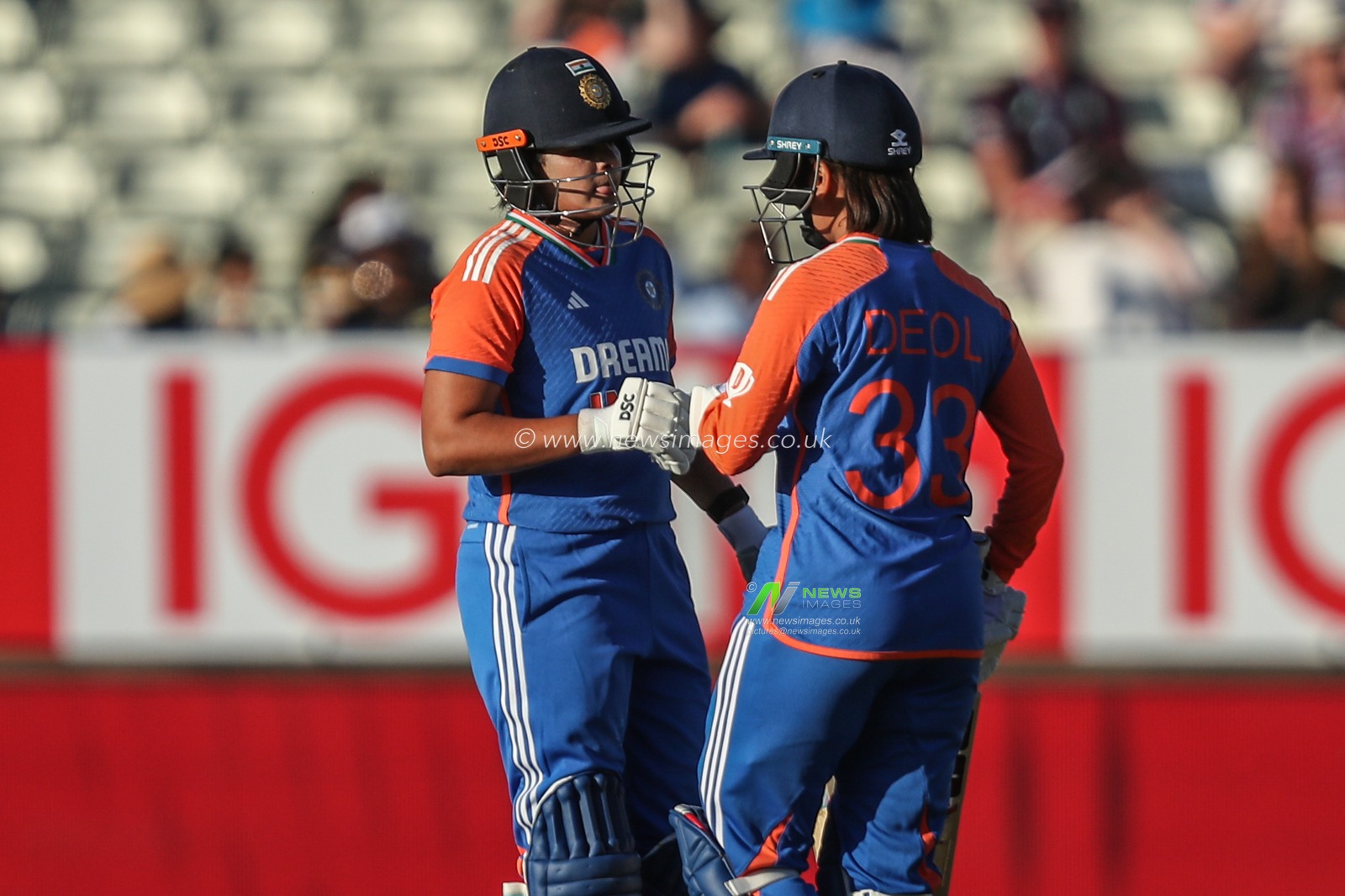 Shafali Verma of India and Harleen Deol of India celebrate India’s 100 during the 5th Vitality IT20 England Women vs India Women at Edgbaston, Birmingham, United Kingdom, 12th July 2025

(Photo by Izzy Poles/News Images)