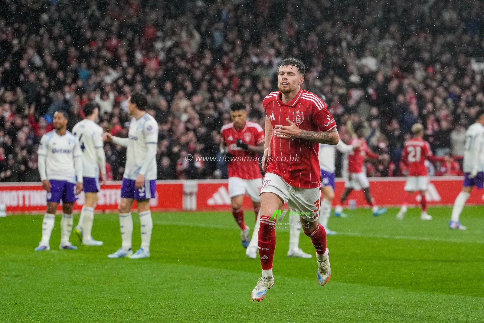 Neco Williams of Nottingham Forest celebrates his goal to make it  1-1 during the Premier League match Nottingham Forest vs Aston Villa at City Ground, Nottingham, United Kingdom on 12 April 2026

(Photo by Maynard Manyowa/News Images)
