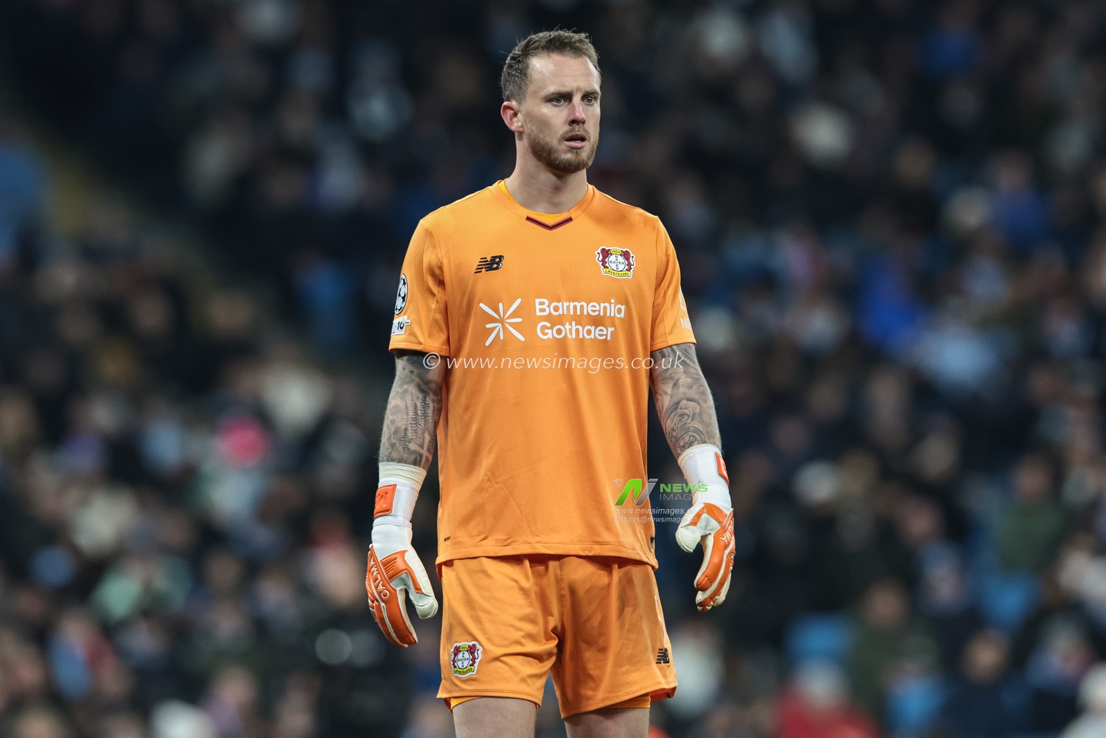 Mark Flekken of Bayer 04 Leverkusen during the UEFA Champions League Matchday 5 of 8 Manchester City v Bayer 04 Leverkusen at City of Manchester Stadium, Manchester, United Kingdom, 25th November 2025

(Photo by Mark Cosgrove/News Images)

*** GER AUT SUI OUT ***