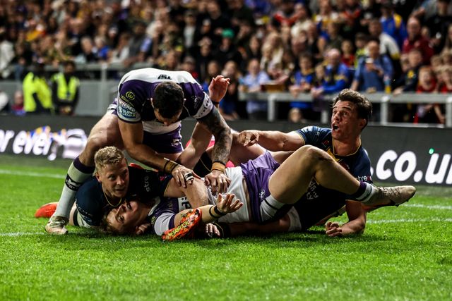 Jayden Myers of Wakefield Trinity goes over for a try during the Betfred Super League round 10 match Leeds Rhinos vs Wakefield Trinity at AMT Headingley Stadium, Leeds, United Kingdom on 01 May 2026

(Photo by Alfie Cosgrove/News Images)