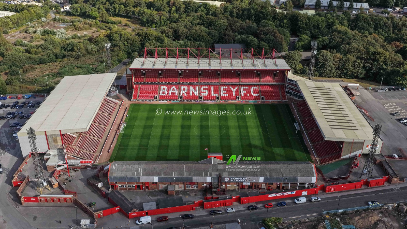 An aerial view of Oakwell during the Carabao Cup match Barnsley vs Rotherham United at Oakwell, Barnsley, United Kingdom, 26th August 2025

(Photo by Mark Cosgrove/News Images)