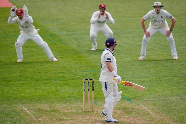 Northamptonshire players react to Caleb Jewell of Derbyshire  playing and missing one during the County Championship Division Two Derbyshire vs Northamptonshire day one match at The Central Co-Op County Ground, Derby, United Kingdom on 08 May 2026

(Photo by Maynard Manyowa/News Images)