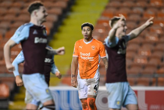 Jordan Lawrence-Gabriel of Blackpool is dejected after he misses his penally second time around in the penalty shootout as Aston Villa win he Vertu Trophy match Blackpool vs Aston Villa U21 at Bloomfield Road, Blackpool, United Kingdom, 17th December 2024

(Photo by Craig Thomas/News Images)