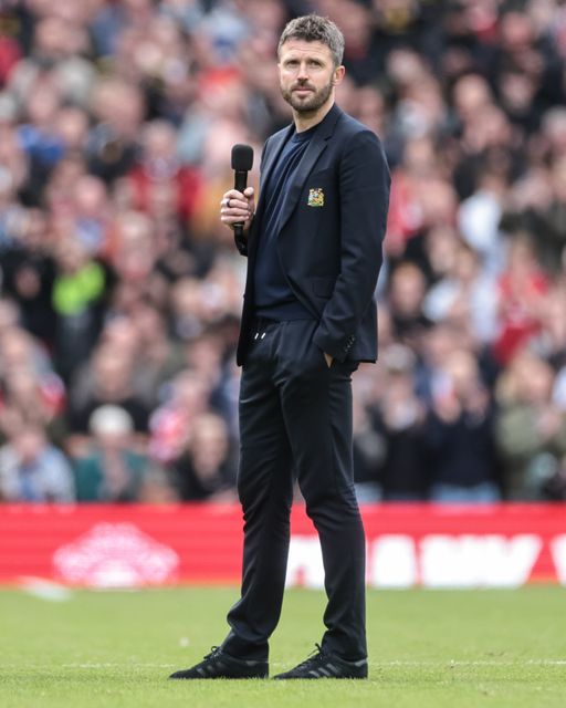 Michael Carrick manager of Manchester United addresses Old Trafford after the final home game of the season during the Premier League match Manchester United vs Nottingham Forest at Old Trafford, Manchester, United Kingdom on 17 May 2026

(Photo by Mark Cosgrove/News Images)
