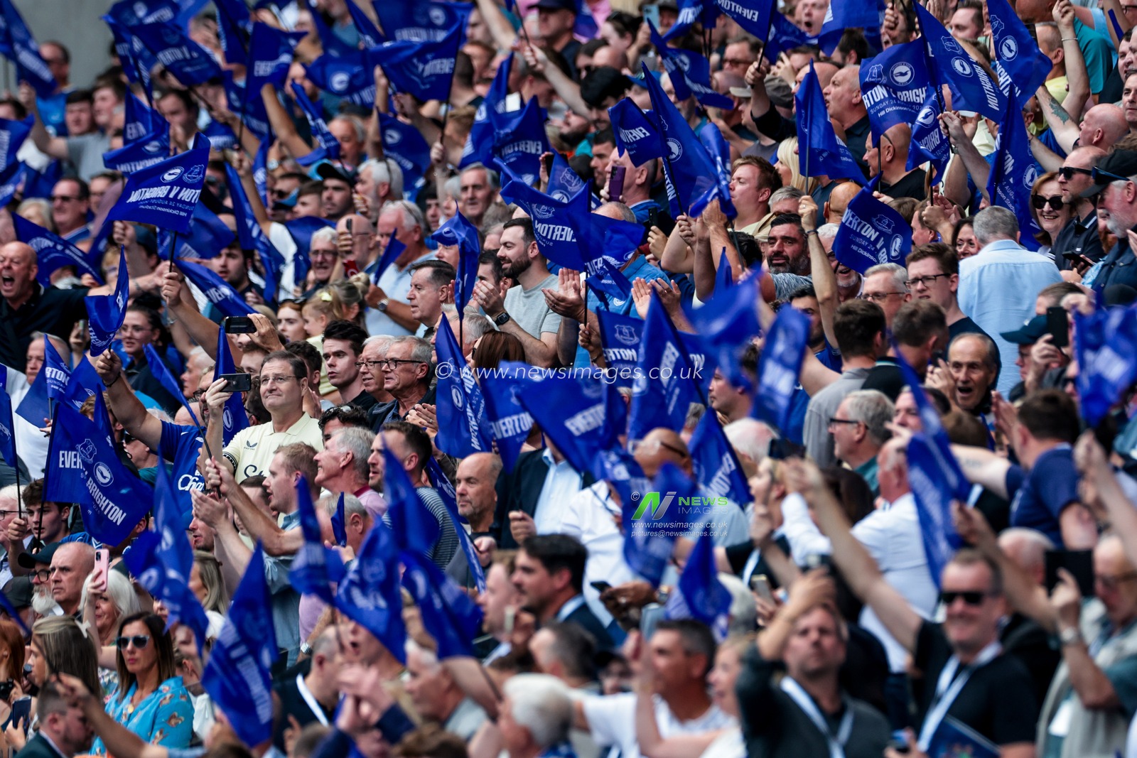 Fans wave their flags prior to the Premier League match Everton vs Brighton and Hove Albion at Hill Dickinson Stadium, Liverpool, United Kingdom, 24th August 2025

(Photo by Mark Cosgrove/News Images)