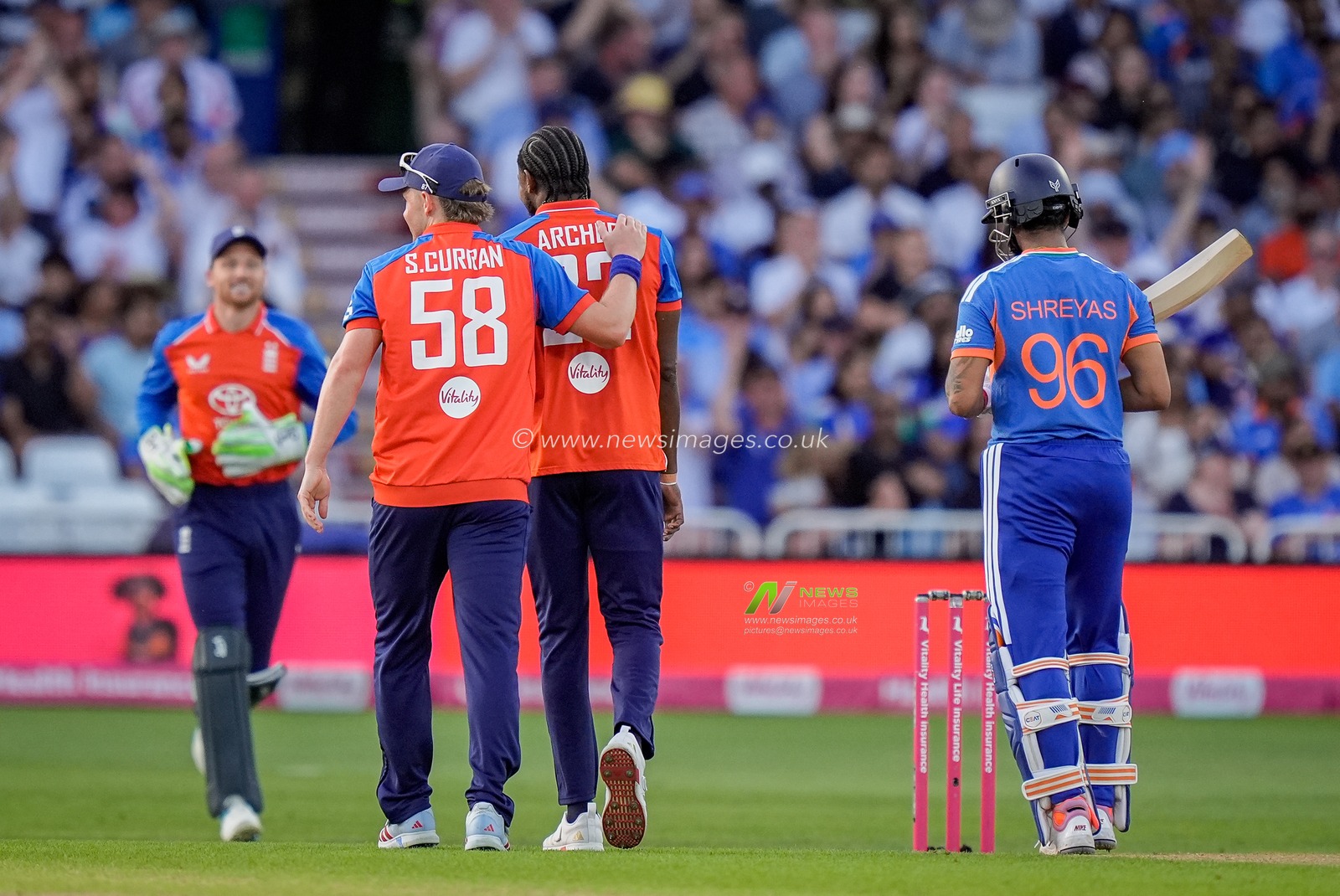 India captain Shreyas Iyer walkls off after he clips the ball and is caught in the deep while Jofra Archer of England celebrates during the Third Vitality T20 International match England vs India at Trent Bridge, Nottingham, United Kingdom on 07 July 2026

(Photo by Maynard Manyowa/News Images)