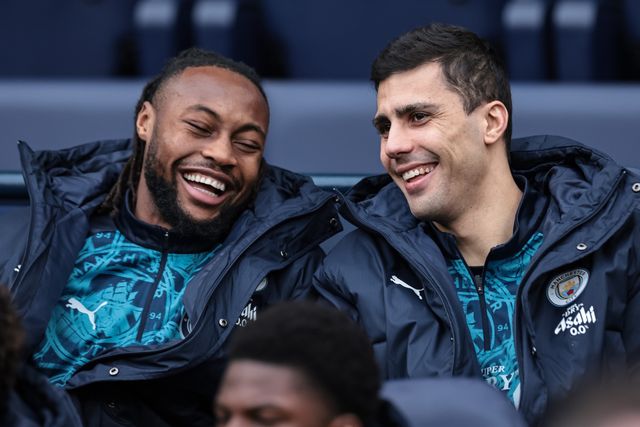 Antonie Semenyo of Manchester City and Rodrigo of Manchester City laughing one the bench during the Emirates FA Cup 4th Round match Manchester City vs Salford City at Etihad Stadium, Manchester, United Kingdom on 14 February 2026

(Photo by Mark Cosgrove/News Images)