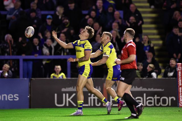 Arron Lindop of Warrington Wolves celebrates his try during the Betfred Super League Round 6 match Warrington Wolves vs Leeds Rhinos at Halliwell Jones Stadium, Warrington, United Kingdom, 28th March 2025

(Photo by Mark Cosgrove/News Images)