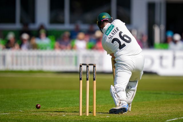 Ben Slater of Nottinghamshire hits the ball for four during Leicestershire County Cricket Club vs Nottinghamshire County Cricket Club in Country Cricket Division One Day 1 at Grace Road, Leicester, United Kingdom on 01 May 2026

(Photo by Maynard Manyowa/News Images)