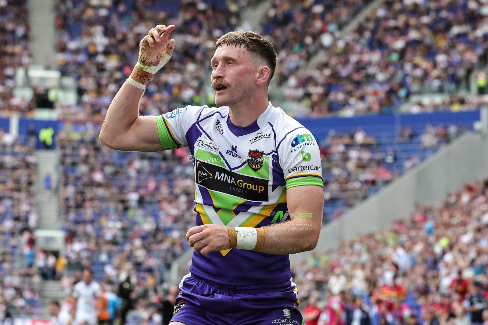 Ethan Ryan of Bradford Bulls celebrates his try during the Betfred Super League Magic Weekend match Leeds Rhinos vs Bradford Bulls at Hill Dickinson Stadium, Liverpool, United Kingdom on 05 July 2026

(Photo by Mark Cosgrove/News Images)