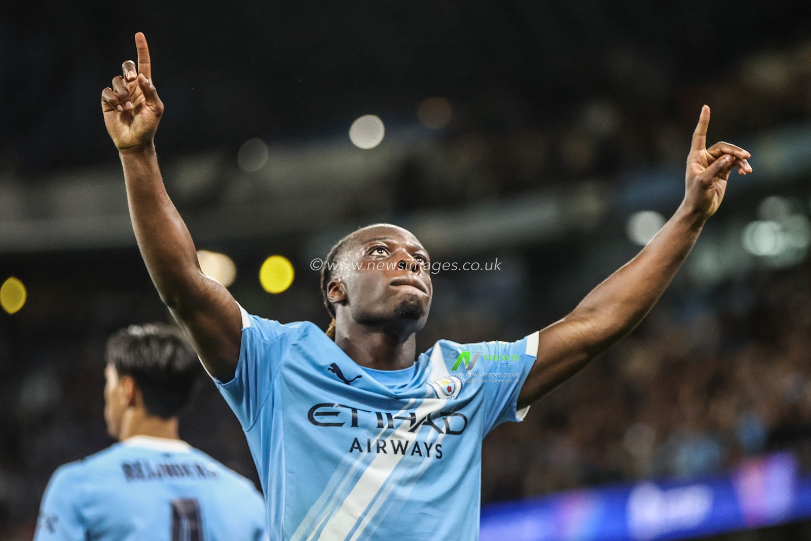 Jeremy Doku of Manchester City celebrates his goal to make it 2-0 during the UEFA Champions League 2025/26 Phase MD1 Manchester City vs Napoli League at The City of Manchester Stadium, Manchester, United Kingdom, 18th September 2025

(Photo by Alfie Cosgrove/News Images)
