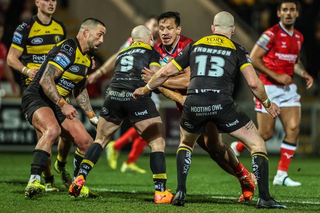 Sauaso Sue of Hull KR is tackled by Paul McShane of York Knights during the Betfred Super League Round 1 match York Knights vs Hull KR at LNER Community Stadium, Lincoln, United Kingdom on 12 February 2026

(Photo by Alfie Cosgrove/News Images)