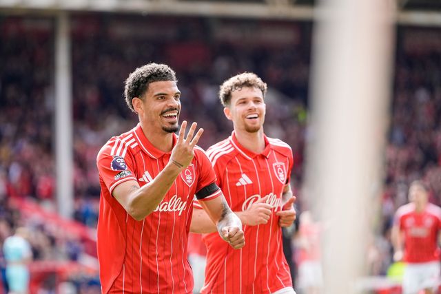 Morgan Gibbs-White of Nottingham Forest celebrates his hat-rick goal to make it  3-0 during the Premier League match Nottingham Forest vs Burnley at City Ground, Nottingham, United Kingdom on 19 April 2026

(Photo by Maynard Manyowa/News Images)