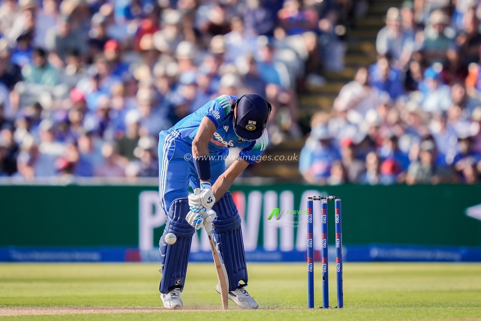 Axar Patel of India digs out a Yorker during the 1st Metro Bank ODI match England vs India at Edgbaston, Birmingham, United Kingdom on 14 July 2026

(Photo by Maynard Manyowa/News Images)