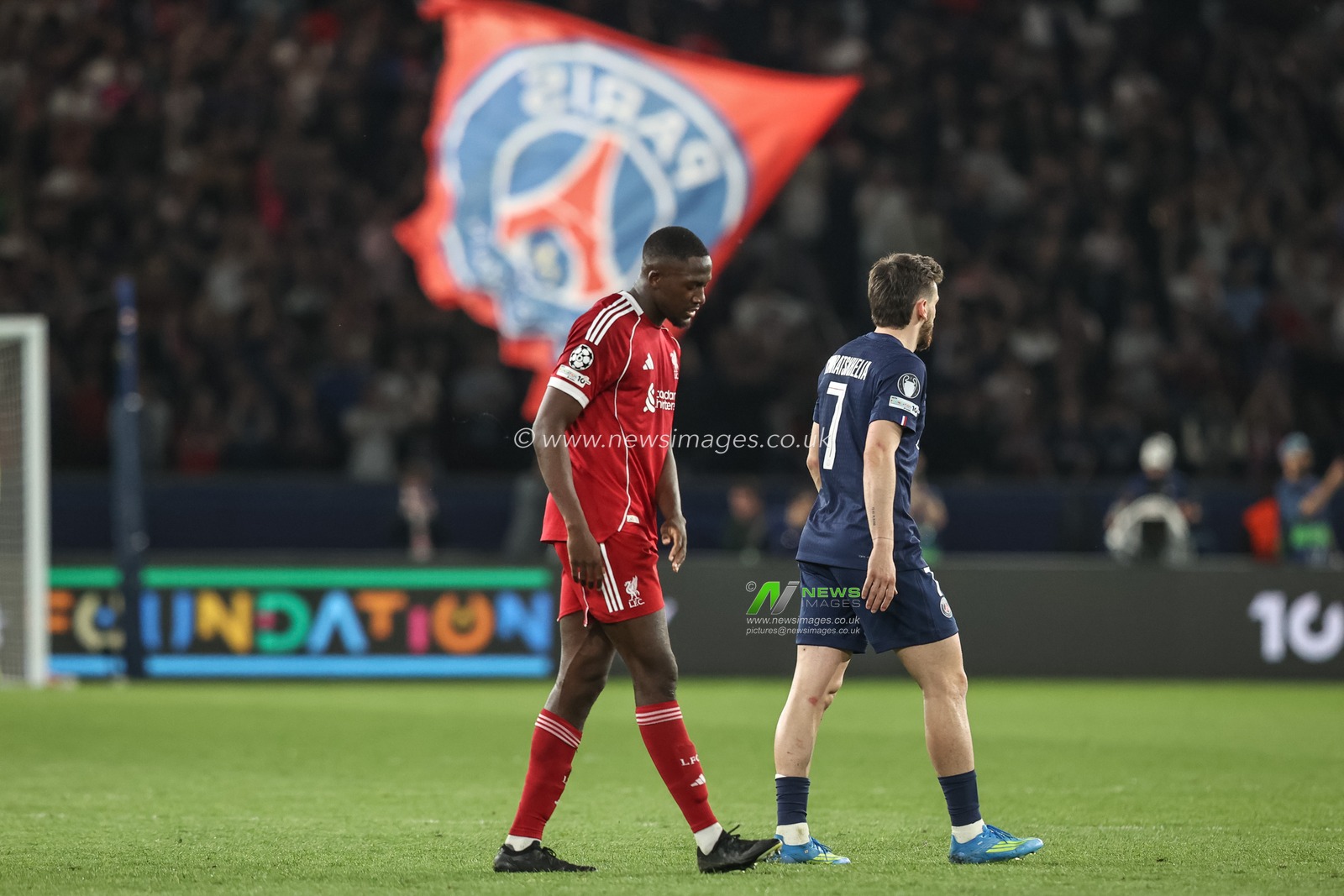 A dejected Ibrahima Konate of Liverpool after the final whistle during the UEFA Champions League Quarter Finals match Paris Saint-Germain vs Liverpool at Parc des Princes, Paris, France on 08 April 2026

(Photo by Alfie Cosgrove/News Images)
