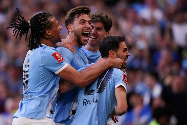 Nico Gonzalez of Manchester City celebrates his goal during the Emirates FA Cup Semi-Final match Manchester City vs Southampton at Wembley Stadium, London, United Kingdom on 25 April 2026

(Photo by Harvey Murphy/News Images)