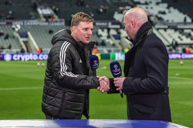 Eddie Howe manager of Newcastle United shakes hands with Alan Shearer ahead of the UEFA Champions League Last 16 match Newcastle Untied vs Barcelona at St. James's Park, Newcastle, United Kingdom on 10 March 2026

(Photo by Mark Cosgrove/News Images)
