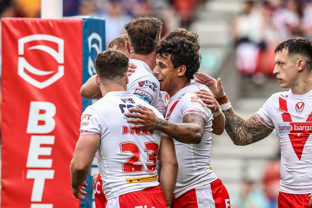 Tristan Sailor of St. Helens celebrates his try during the Betfred Super League round 16 match St Helens vs Salford Red Devils at Totally Wicked Stadium, St Helens, United Kingdom, 29th June 2025

(Photo by Alfie Cosgrove/News Images)
