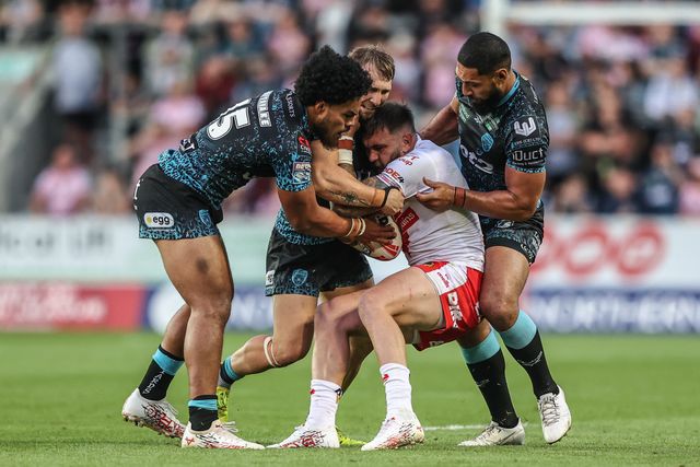 Kyle Feldt of St. Helens is tackled during the Betfred Super League round 19 match St Helens vs Leigh Leopards at Totally Wicked Stadium, St Helens, United Kingdom, 17th July 2025

(Photo by Alfie Cosgrove/News Images)