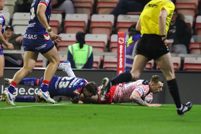 Frankie Halton of Leigh Leopards goes over for a try and makes the score 14-30 during the Betfred Super League Round 6 match Leigh Leopards vs Wakefield Trinity at Leigh Sports Village, Leigh, United Kingdom, 28th March 2025

(Photo by Gareth Evans/News Images)