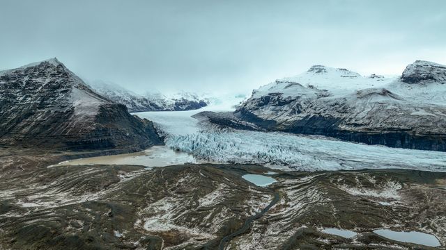 An aerial view of Skaftafell Glacier. Skaftafell Glacier, part of VatnajÃ¶kull National Park in Iceland, is a stunning natural wonder characterized by its breathtaking ice formations and rugged landscapes. Skaftafell Glacier, Skaftafell, Iceland, 25th March 2025

(Photo by Mark Cosgrove/News Images)