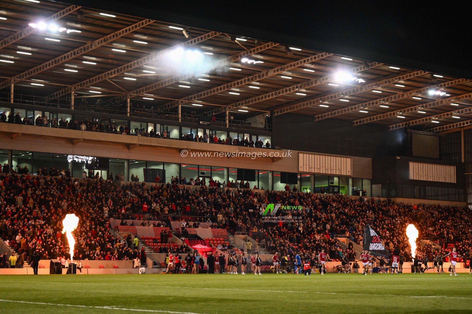 A general view of Salford Community Stadium, Home of Salford Red Devils as the teams run out ahead of the Betfred Super League play-off Eliminator 1 Salford Red Devils v Leigh Leopards at Salford Community Stadium, Eccles, United Kingdom, 27th September 2024

(Photo by Craig Thomas/News Images)