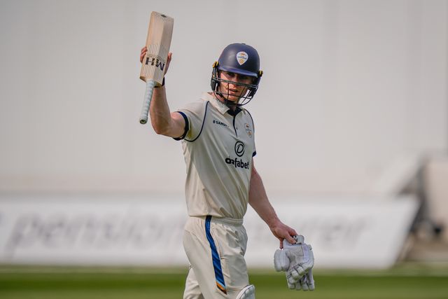 Brooke Guest raises his bat to salute the crowd after scoring a hundred and being dismissed during the County Championship Division Two Derbyshire vs Northamptonshire day one match at The Central Co-Op County Ground, Derby, United Kingdom on 09 May 2026

(Photo by Maynard Manyowa/News Images)