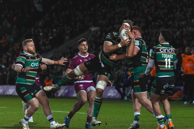 Alex Coles of Northampton Saints claims a high ball during the Gallagher Premiership match Northampton Saints vs Sale Sharks at Cinch Stadium at Franklin's Gardens, Northampton, United Kingdom, 20th December 2025

(Photo by Craig Evans/News Images)

*** GER AUT SUI OUT ***
