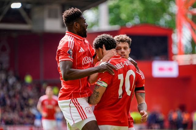 Morgan Gibbs-White of Nottingham Forest celebrates his goal to make it  2-1 with Neco Williams of Nottingham Forest and Ibrahim Sangare of Nottingham Forest during the Premier League match Nottingham Forest vs Burnley at City Ground, Nottingham, United Kingdom on 19 April 2026

(Photo by Maynard Manyowa/News Images)