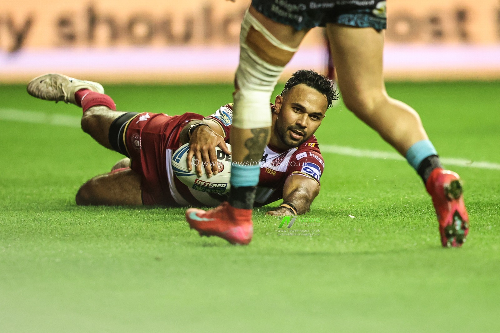 Bevan French of Wigan Warriors goes over for a try during the Betfred Super League Semi Final 1 match Wigan Warriors vs Leigh Leopards at The Brick Community Stadium, Wigan, United Kingdom, 3rd October 2025

(Photo by Alfie Cosgrove/News Images)