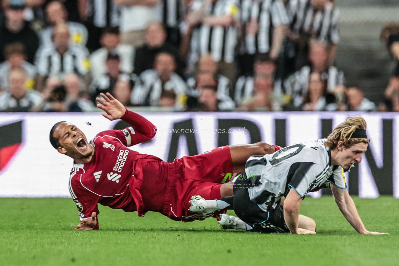 Anthony Gordon of Newcastle United slides in and fouled Virgil van Dijk of Liverpool and receives a red card after VAR review during the Premier League match Newcastle United vs Liverpool at St. James's Park, Newcastle, United Kingdom, 25th August 2025

(Photo by Mark Cosgrove/News Images)