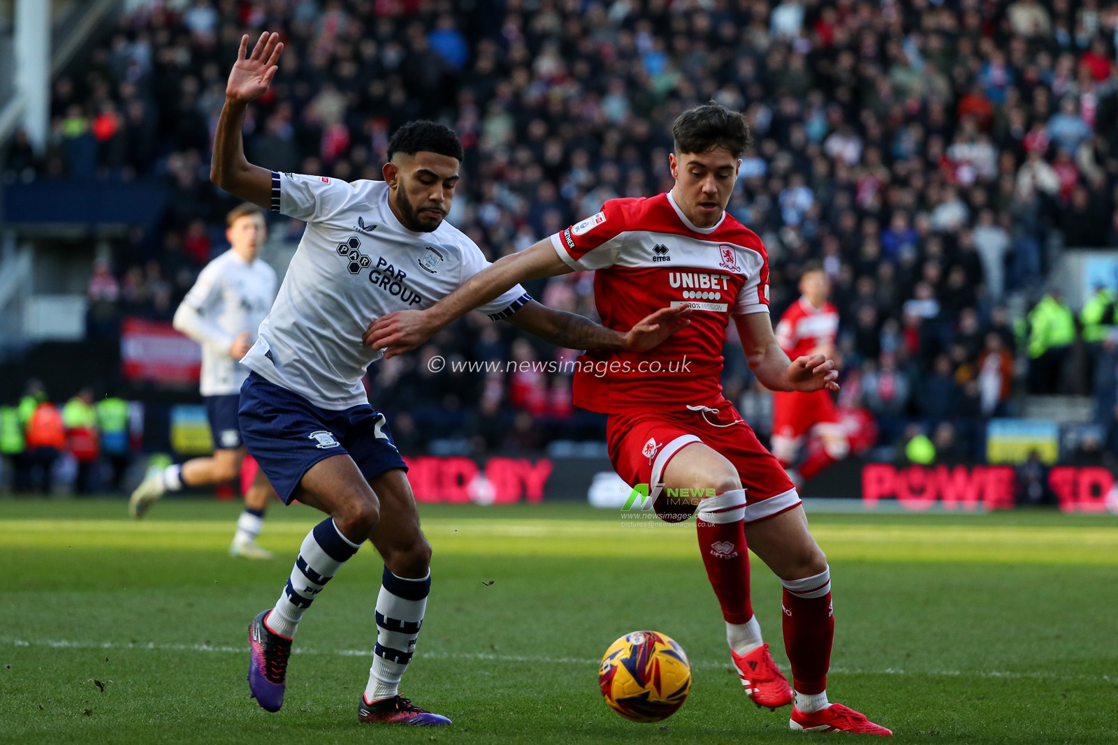 Finn Azaz of Middlesbrough dribbles past Kaine Kesler Hayden of Preston North End during the Sky Bet Championship match Preston North End vs Middlesbrough at Deepdale, Preston, United Kingdom, 25th January 2025

(Photo by Jorge Horsted/News Images)