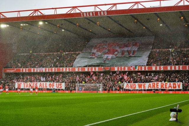 A general view of the Nottingham Forest Tifo prior to kick off during the Premier League match Nottingham Forest vs Aston Villa at City Ground, Nottingham, United Kingdom on 12 April 2026

(Photo by Maynard Manyowa/News Images)